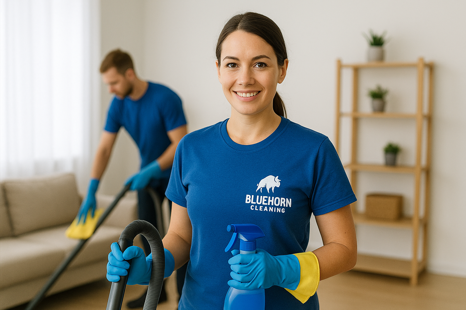 Bluehorn cleaner vacuuming living room